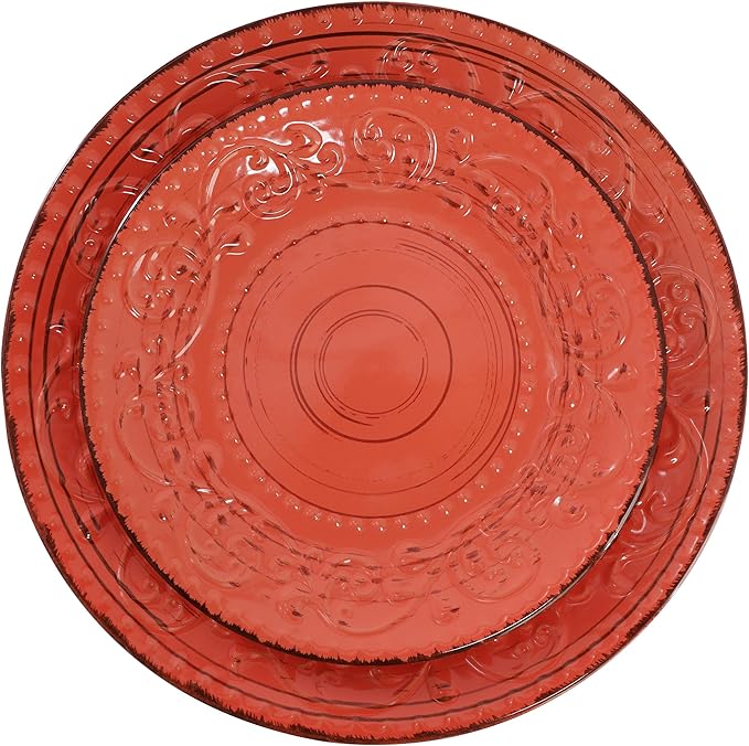 Elama Malibu Jasper 16-Piece Stoneware Embossed Pattern Reactive Glaze Orange Dinnerware Set, Tableware, Serveware Set (Jasper Orange)