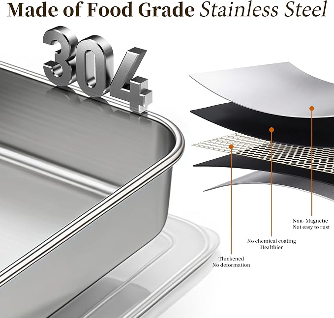 8x8 Stainless Steel Baking Pan with Lid, Square Brownie Cake Pan Set of 3 for Baking, Casserole and Meal Prep, 2 Inch Deep Metal Oven Pan, Dishwasher Safe