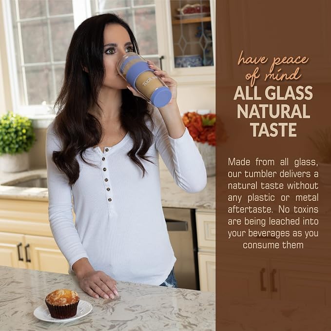Double Wall Glass Tumbler - 14-Ounce, All Glass Hand Blown Reusable Insulated Tea/Coffee Mug & Lid, Travel Mug - Jacaranda