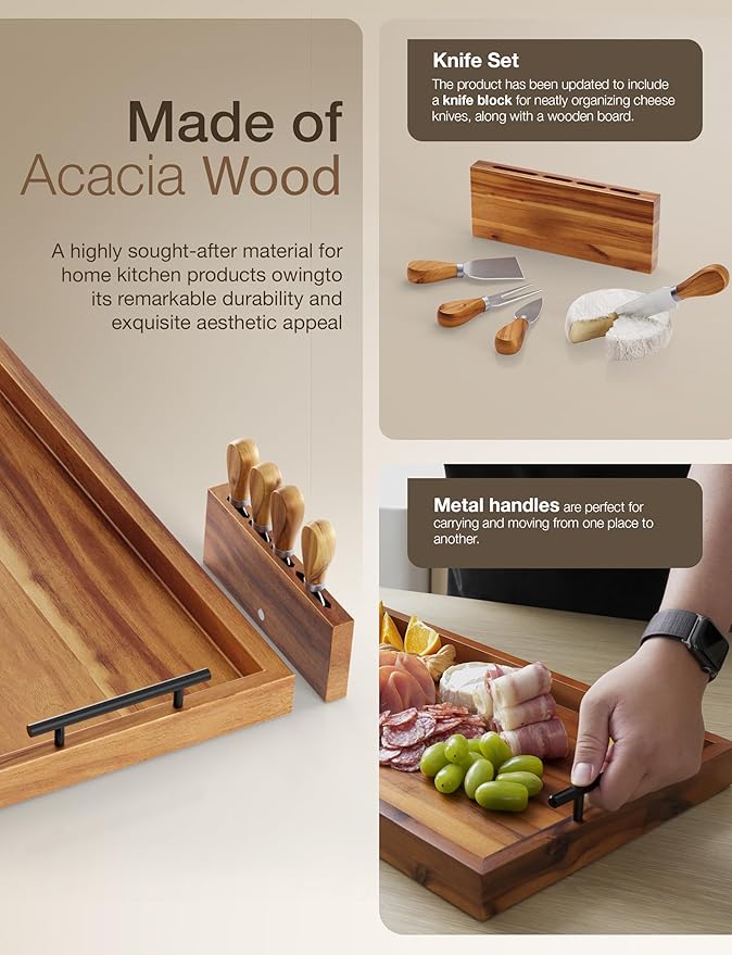 TIDITA 24" Large Charcuterie Tray with Handles, Extra Long Wooden Serving Cheese Boards - Serving Platter for Meat, Party Appetizers, Outdoor & Fruits Display (Acacia Wood)