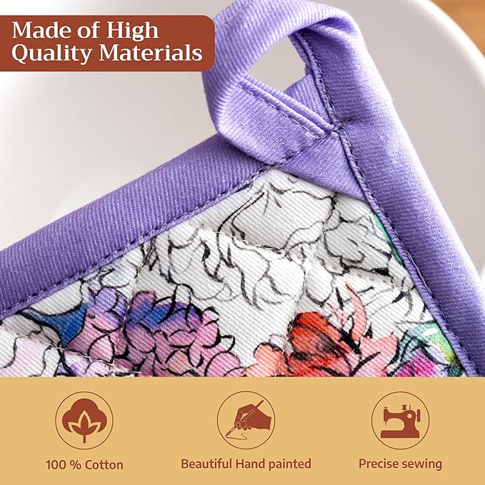 Maison d' Hermine Pot Holders 100% Cotton Heat Resistant Potholders 8" x 8" Hot Pads with Loop BBQ Cooking Baking Gifts for Mothers Day Handling Hot Pans Spring/Summer (Pack of 2, Floral Love)