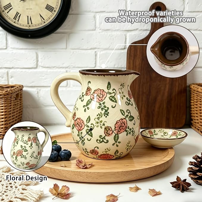 Ceramic Utensil Holder for Kitchen Counter, 6.1 Inch Modern Farmhouse Rustic Cooking Utensil Holder for Countertop Home Decor, Vintage Utensil Organizer Crock for Cooking & Spoon Tools (Red Rose)
