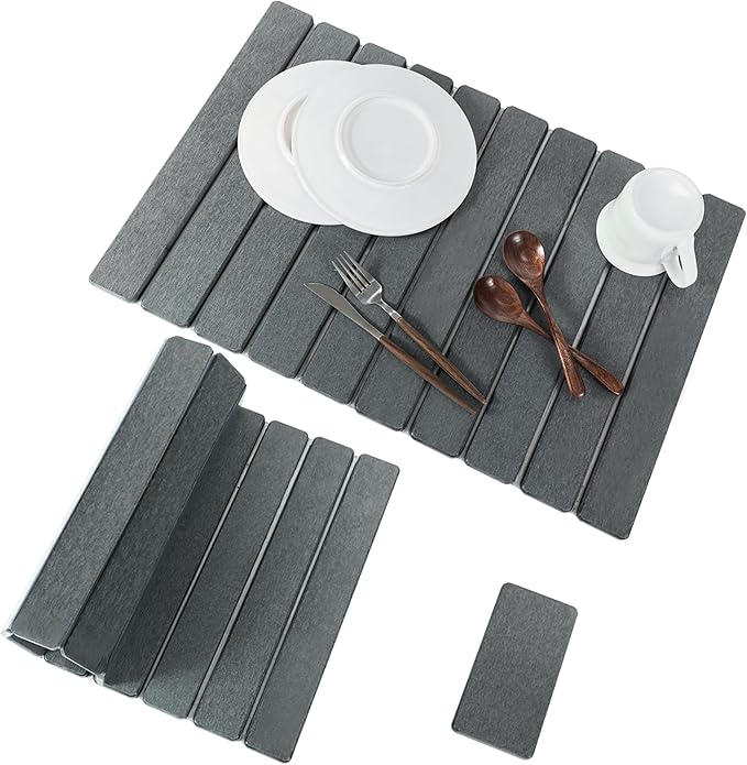 2pcs Stone Dish Drying Mat for Kitchen Counter, Quick-Dry Diatomaceous Earth Water Absorbent Pad & Countertop Drainer, Home Essentials for Bath and Pets - Dark Grey, 24x16’’ & 8x4’’