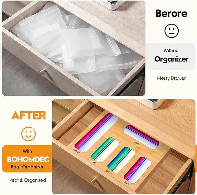 Bamboo Ziplock Bag Organizer for Kitchen Drawer, Food Storage Baggie Holder with 24 Label Stickers, Fits Gallon Quart Sandwich Snack Freezer & Slider Bags, No Assembly, Wall Mount or Drawer