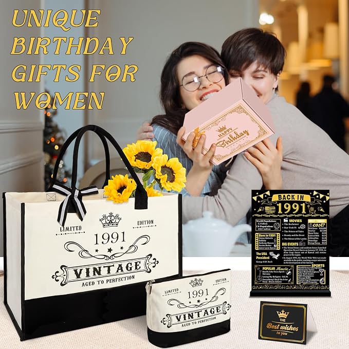 YeohJoy 35th Birthday Gift for Her Canvas Tote Bag Travel Gear, Unique 35 Years Old Birthday Gifts for Mom Wife Aunt Friends Her, Vintage 1991 Handbag & Makeup Bag & 35th Greeting Card