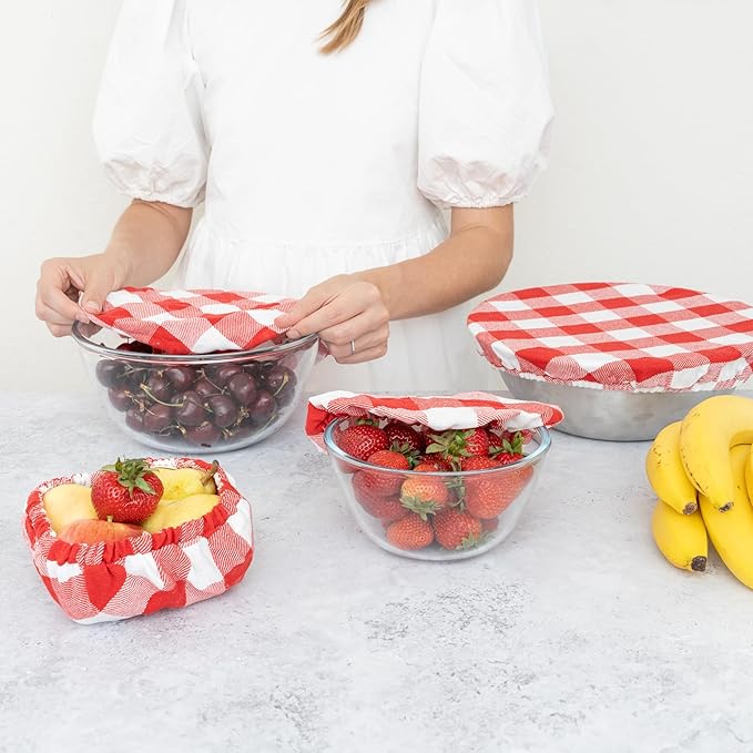 Reusable Cotton Red Bowl Covers - 100% Cotton Fabric Bowl Covers Set to Cover Fruits, Vegetables and Regulate Moisture - Elastic Closure for Salads, Bread & Leftovers (Red Plaid, 2XL, 2L, 2M, 2S)