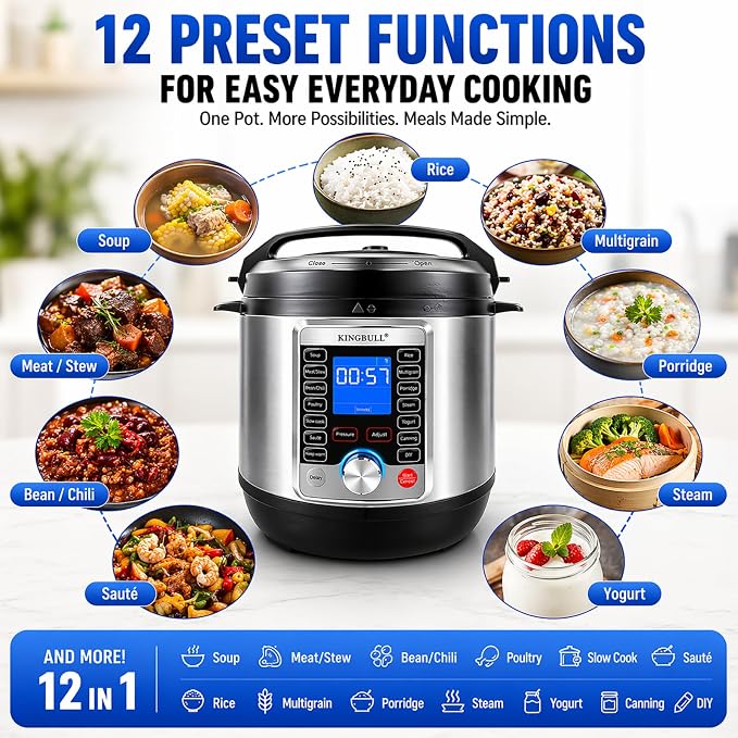 KINGBULL 14-in-1 Electric Pressure Cooker 6 Quart, Stainless Steel Multi Cooker with LCD Display, Slow Cooker, Rice Cooker, Steamer, Sauté, Yogurt Maker, Warmer, DIY Mode, Black