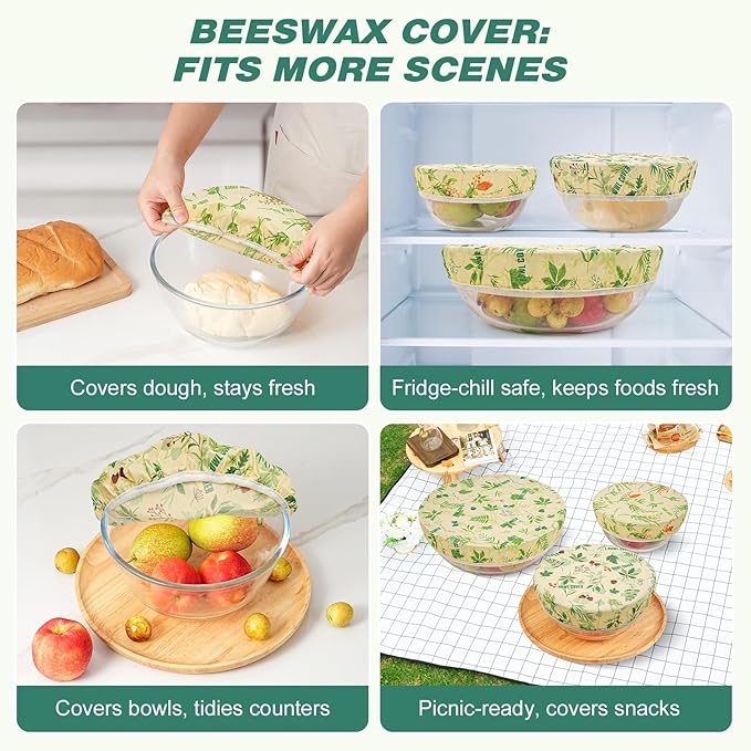 6 Pcs Beeswax Bowl Covers Reusable, Large Reusable Bowl Covers for Bread Proofing,Stretchable to Fit 8/10/12 Inch Bowls (2 Each),3 Patterns, Beeswax Wraps for Bread,Leftovers,Fruits,Salad