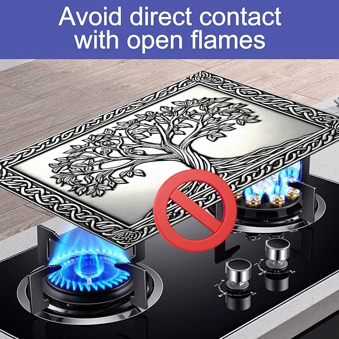 HOMETITUTE Tree of Life Stove Top Cover for Electric Stove Silver Embossed Celtic Design Dish Drying Mat 28x20 Inch Decorative Kitchen Protector Fit Under Coffee Maker