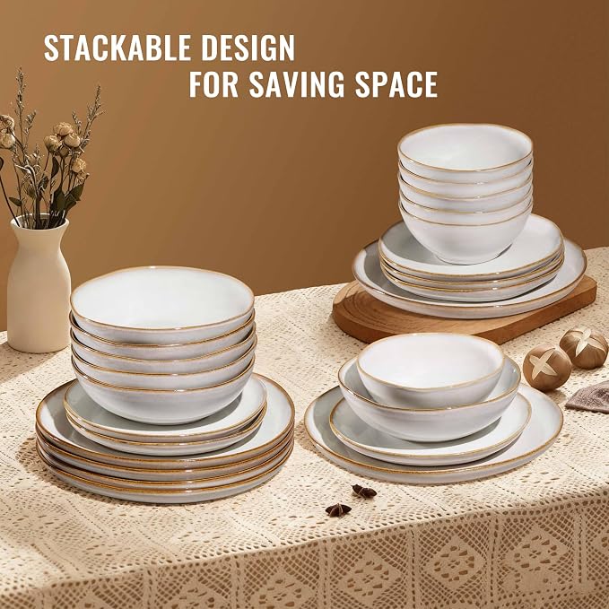 Herogo 24Pcs Plates and Bowls Dinner Set, Stoneware Dinnerware Dishes Sets for 6, Ceramic Dishware Tableware Includes Dinner Salad Plates, Soup Bowls, Microwave & Dishwasher Safe, Pearl White