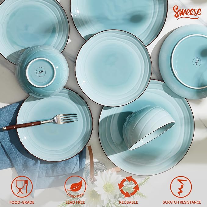 Sweese Porcelain Dinnerware Sets for 6, 18 Pieces Plates and Bowls Sets, Handcrafted Minimalist Dinner Set, Chip and Scratch Resistant Dish Set, Dishwasher & Microwave Safe, Gradient Blue