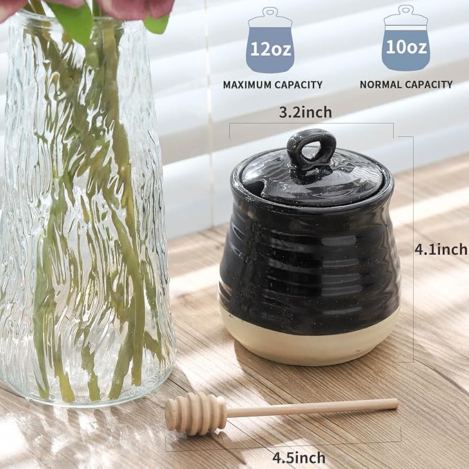 Ceramic 12 Ounce Honey Jar and Dipper Set,Porcelain Honey Pot with Lid and Wooden Dipper,Cute Honey Containers for Party,Holiday,Halloween Favors,Farmhouse Kitchen Decor,Dishwasher Safe,Black