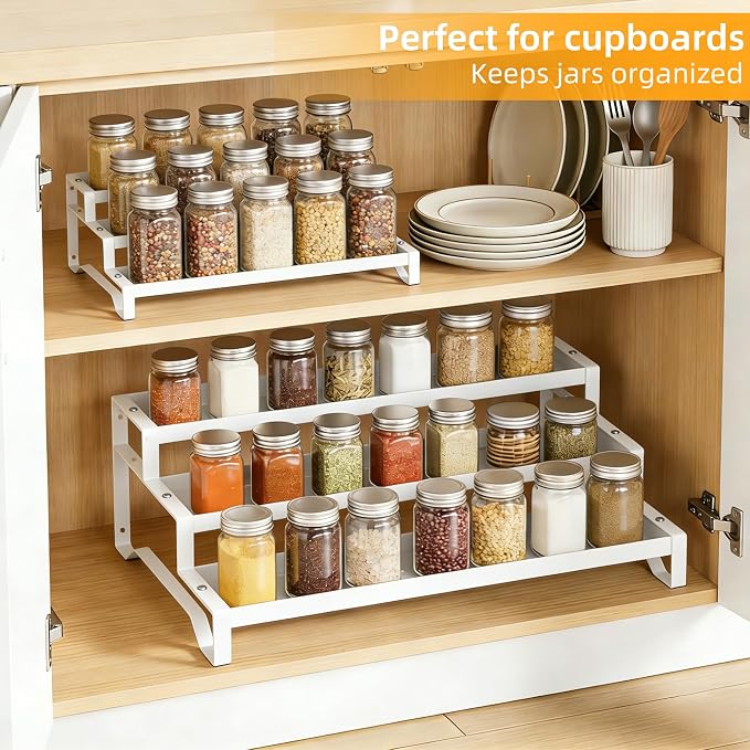 3-Tier Spice Rack Organizer 2 Pack, 13"-21.5" Expandable Spice Organization Shelf, Metal Seasoning Organizer for Kitchen Countertop or Pantry, Slip-Resistant Design for Jars and Bottles, White