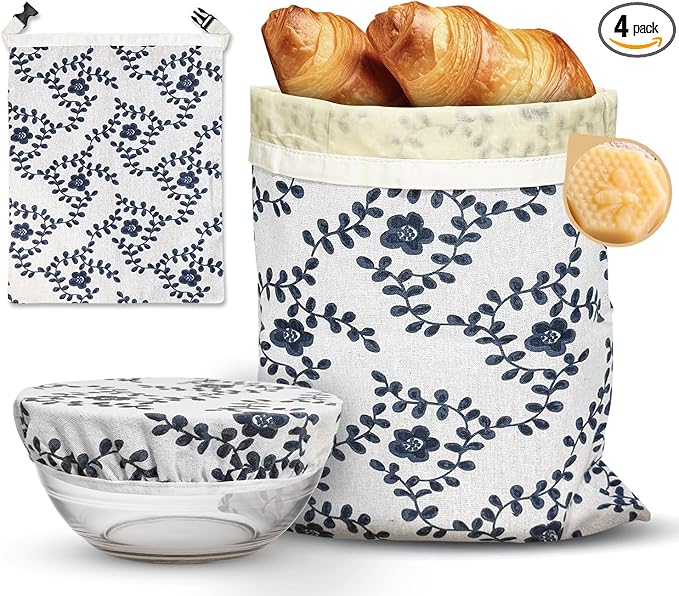2 Pack Reusable Beeswax Bread Bags for Sourdough: Natural Cotton Storage Bag with 2 Pack Bowl Covers for Bread Proofing, Easy to Clean Freezer Food Bags, Keep Your Loaf Fresh for Days, XL 17x13 Inch