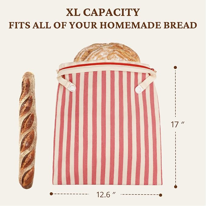 BRONYPRO Reusable Beeswax and Linen Bread Bags with Zipper, 2-Pack Waxed Bread Bags for Homemade Bread & Sourdough, Sustainable Loaf Storage to Lock in Freshness, Large 17x12.6in, Red Stripe