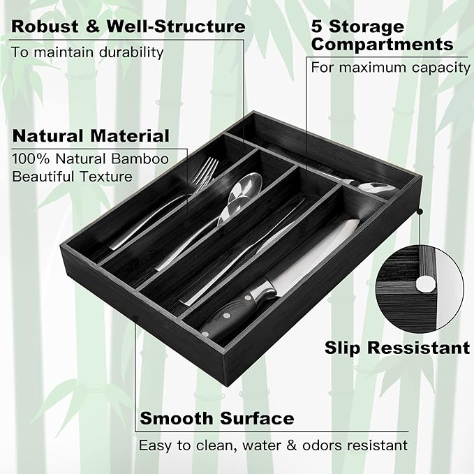 Silverware Organizer Bamboo Kitchen Drawer Organizer Utensil Organizer Silverware Holder Cutlery Organizer in drawer Flatware Organizer Tray (Black 5 Slots)