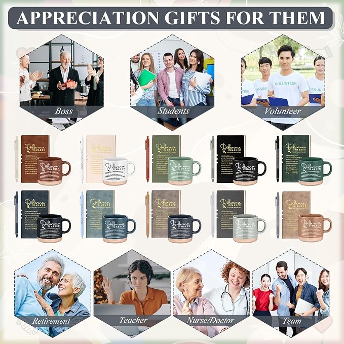 Didaey 10 Sets Difference Maker Appreciation Gifts Set 13oz Inspirational Ceramic Coffee Mugs A6 Leather Notebooks Ballpoint Pens Bulk Thank You Gifts for Employees, Staff, Nurses, Team Members
