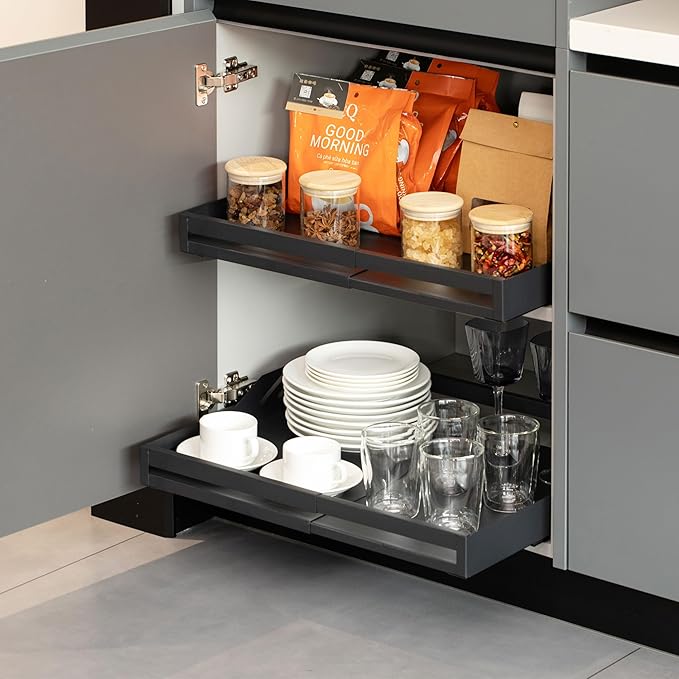 Basicwise Expandable Medium Deep Drawer Organizer Adjustable Pull-Out Cabinet Storage Tray for Kitchen Organization Ideal for Cookware Dinnerware Food Containers Bakeware & Pantry Essentials, Set of 2