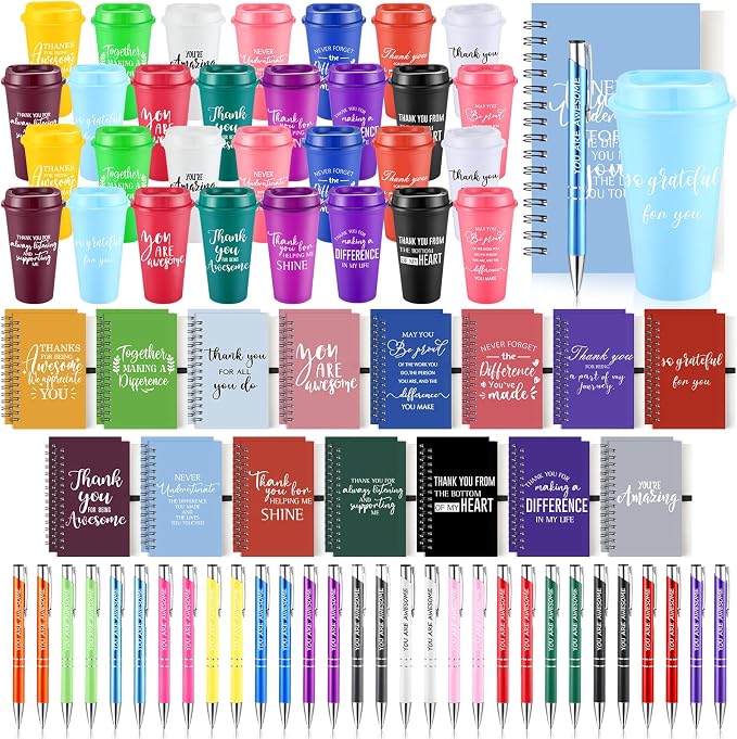Teenyyou 90 Pcs Employee Appreciation Gift Set, 16oz Tumbler with Lid Notebook Pen Bulk Thank You Gift Holiday Party Favor for Teachers Office Coworker Teacher Staff Team (Multi Color,Delicate Style)