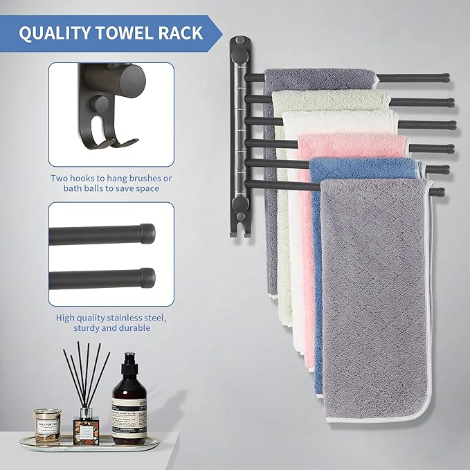 Swivel Towel Rack, 12.6 Inch Towel Bar with Wall Mounted 180° Rotation, 6 Arms Towel Hanger SUS 304 Stainless Steel, Space Saving for Kitchen, Bathroom, Outdoor, Dark Grey
