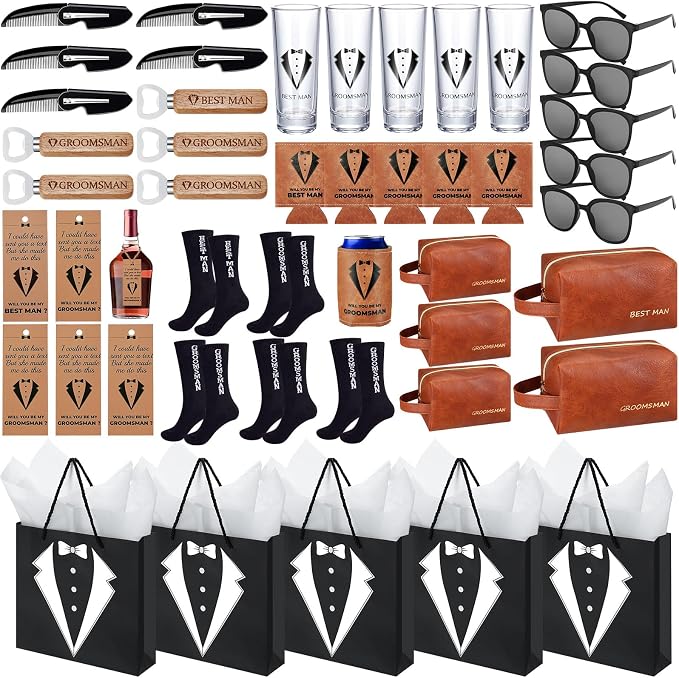 50Pcs Groomsmen Gifts Groomsmen Proposal Box with Shot Glasses Socks Sunglasses PU Leather Toiletry Bag Bottle Opener Can Cooler Groomsman Gifts for Wedding Groomsmen Best Man Gift (50, Brown)