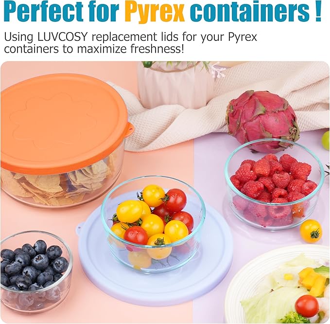 LUVCOSY 1 Cup 2 Cup 4 Cup 7 Cup Round Silicone Replacement Lids for Pyrex 7202-PC, 7200-PC, 7201-PC, 7402-PC Glass Bowls, 8 Pack Storage Cover, Microwave & Dishwasher & Freezer Safe