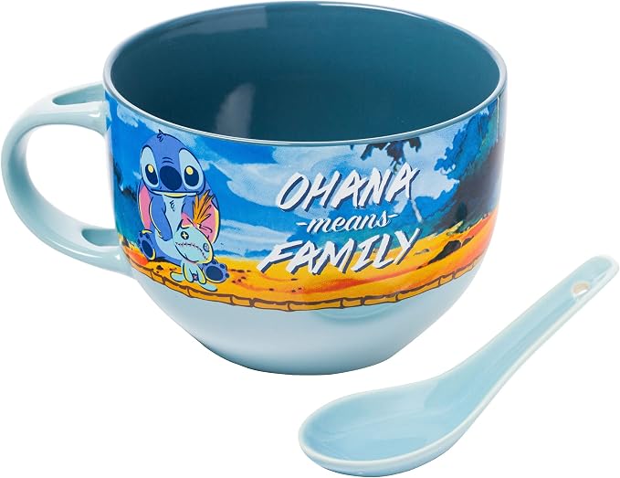 Silver Buffalo Disney Lilo and Stitch Featuring Scrump Ohana Means Family Ceramic Soup Mug Spoon Set, 24 Ounces
