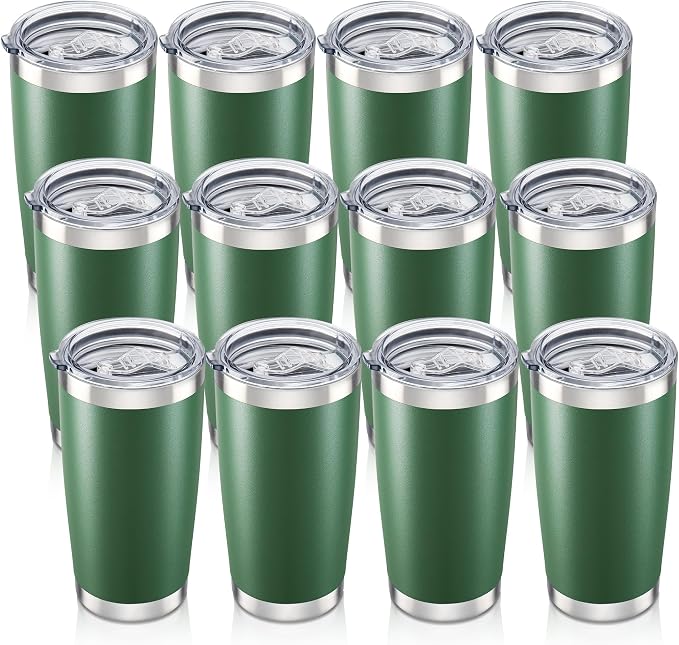 20 oz Tumbler with Lid Stainless Steel Insulated Tumblers Bulk Double Wall Vacuum Cups Powder Coated Travel Mug Keep Drinks Cold and Hot, Dark Green, 12 Pack