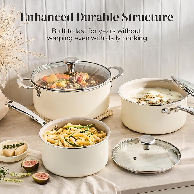 Redchef Stock Pot Set with Lid 5Qt, Ceramic Saucepan Set 2.5/3.5Qt, Induction Cooking Pot Set, Nonstick Cookware Set For Stoves, Even Heat, Stay-Cool Handle, Oven/Dishwasher Safe, PFAS Free (Beige)