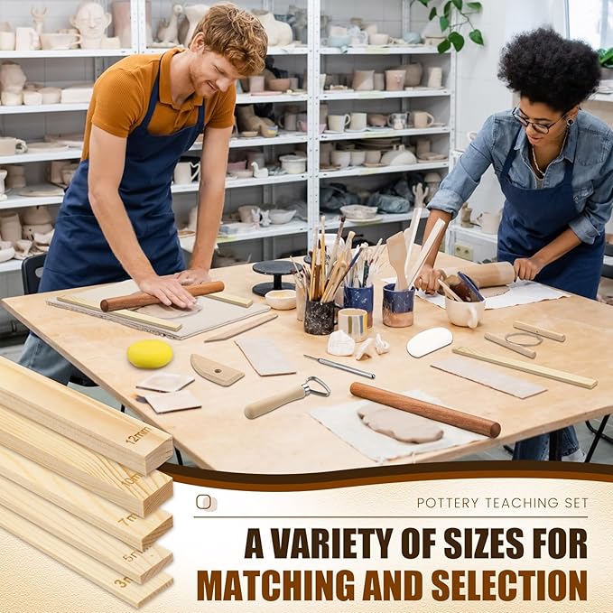 Baderke 20 Pcs Pottery Teaching Set, Includes 1 Wooden Rolling Pin, 10 Pottery Teaching Rolling Mud Stick Guide, 8 Clay Sculpting Tools, 1 Special Linen for Ceramic Clay Making