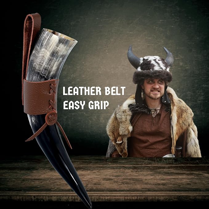 Drinking Horn — 10-12 Inch Viking Gifts for Men & Women | With Thor Bottle Opener & Stand | Handmade & Real Ox Horns | Norse Viking Cup Perfect For Beer, Ale, Mead (12 Oz) (Natural Polished)