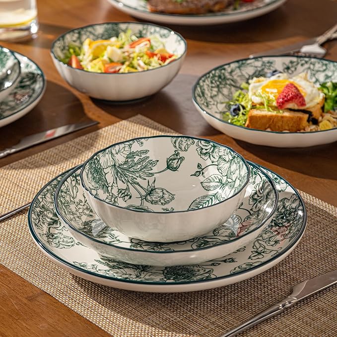 18-Piece Dinnerware Set Service 6, Porcelain Plates and Bowls Set, Vintage Green Rose Scalloped Edge, French Country Aesthetic, Microwave Dishwasher Safe
