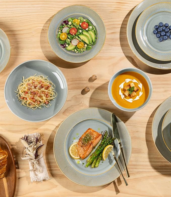 TheTerra Stoneware Dinnerware Sets for 4, 12 Pieces Ceramic Plates and Bowls Sets, Scratch Resistant Embossed Dish Set, Oven, Microwave & Dishwasher Safe, Desert Sage