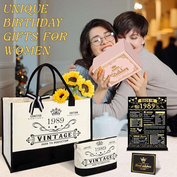 YeohJoy 37th Birthday Gift for Her Canvas Tote Bag Travel Gear, Unique 37 Years Old Birthday Gifts for Wife Women Sister Friends Her, Vintage 1989 Handbag & Makeup Bag & 37th Greeting Card
