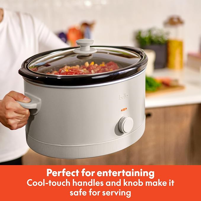 bella 6.0 Qt Manual Slow Cooker, Ceramic Nonstick Coating, 3 Temperature Settings, Dishwasher Safe Stoneware Pot and Tempered Glass Lid, Cool Touch Handles & Tangle Free Cord Wrap, Oatmilk
