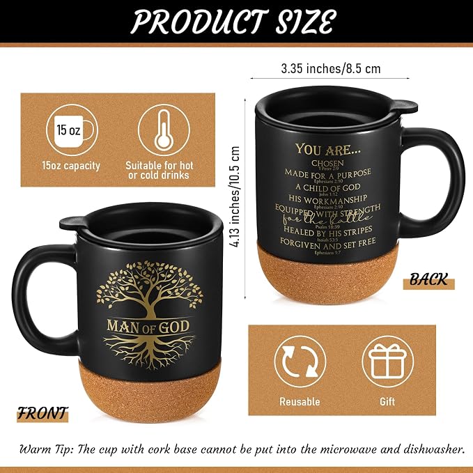 Didaey 6 Pcs Man of God Gifts for Men Christian Mugs Bulk with Cork Bottom 15 oz Bible Verses Cup Ceramic Religious Coffee Mug Thank You Gift for Father Dad Grandpa Church Christmas (Black)