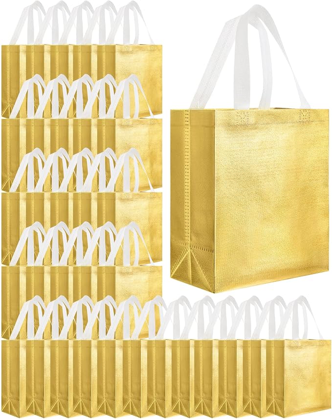 Eccliy Reusable Gift Bags Set Glossy Grocery Gift Tote Bag with Handle for Wedding, Bridal Shower, 4th of July, Summer Event(10 x 8 x 4.7 Inch,Gold,80 Pcs)