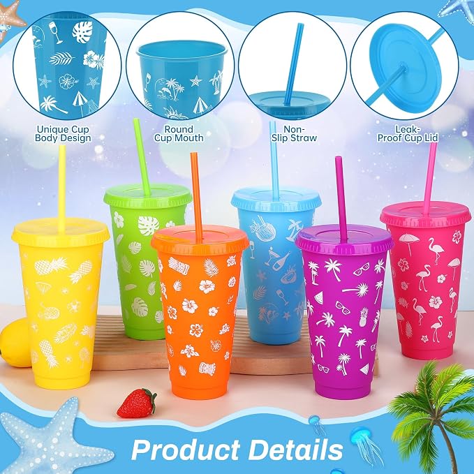 Kochorie 48 Pieces 24 oz Hawaiian Party Cups Luau Tumbler Cups with Straw and Lid 6 Design Reusable Plastic Travel Mug Cup for Hawaiia Party Favors, Luau Party, Tiki Party