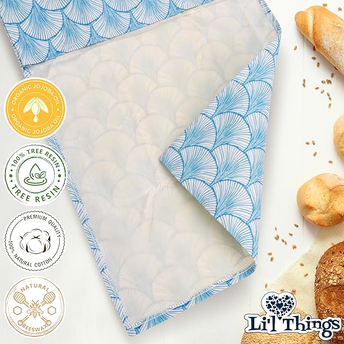 Sourdough Bread Bag – Reusable Beeswax Bread Storage Bags 2.0 (2 Sizes) for Homemade & Artisan Loaves, Cotton-Lined Bread Keeper, Plastic-Free Kitchen Storage – Seashell Serenade