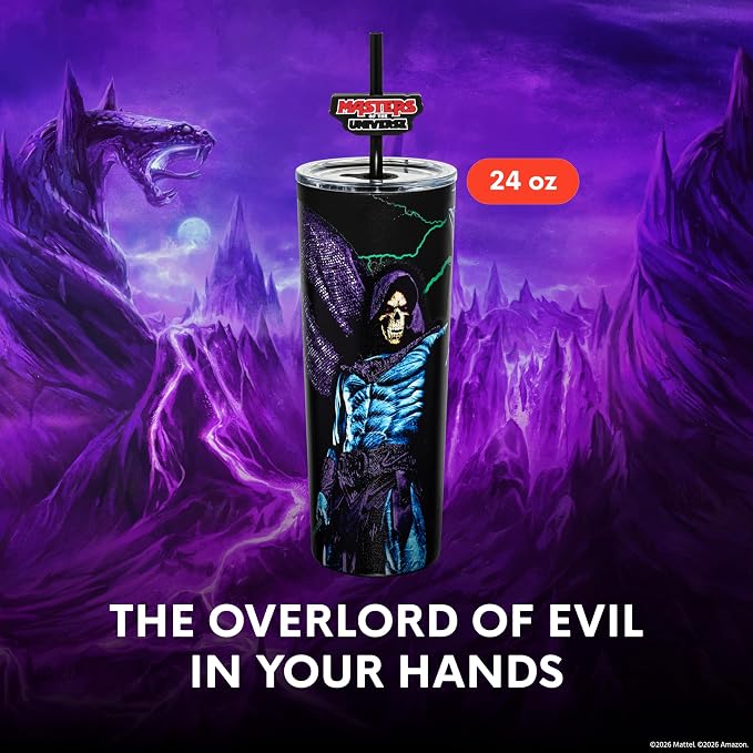 Dragon Glassware x Masters of the Universe (MOTU) Vacuum Insulated Stainless Steel Tumbler - 24 oz with Straw Charm - Official 2026 Movie Merch - Skeletor
