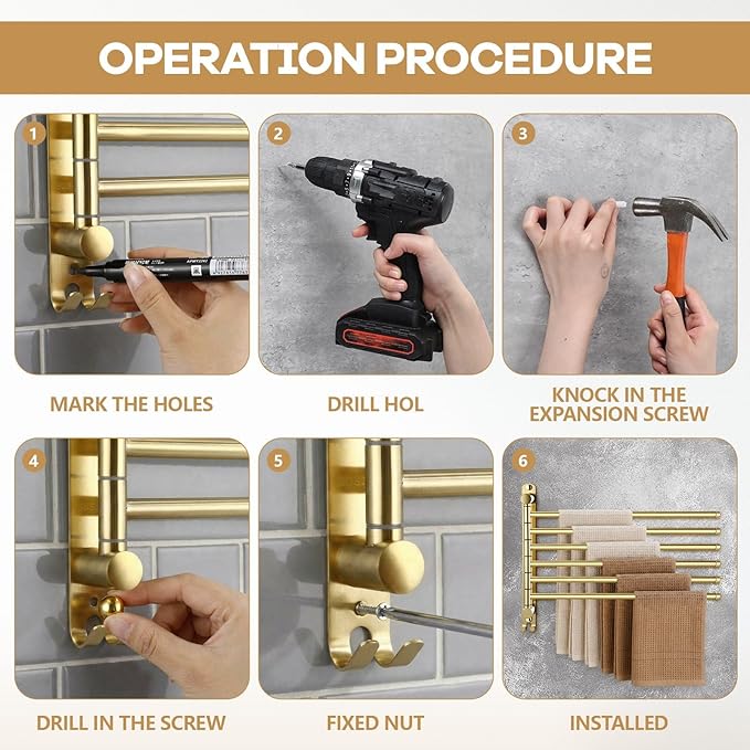 Teenyyou 16.5 Inches Swivel Towel Rack 304 Stainless Steel 6 Arms Bathroom Towel Rack Hanger Pool Holder Wall Mounted Swivel Bar Space Saving with Hook(Gold)