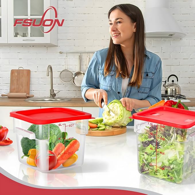 4 Pack 6 Qt Square Polycarbonate Food Storage Containers with Lids | Clear BPA-free PC with lids, side handles, measurement scale and stackable design; for food prep, storage and freezer use.