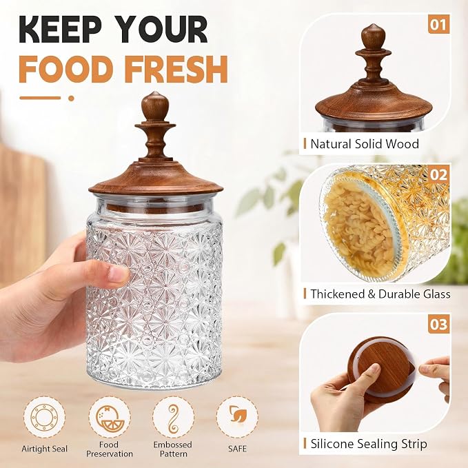 Suclain 6 Pack 24 oz Vintage Glass Jars with Wooden Crown Lids, Decorative Jars with Star Pattern, Airtight Glass Food Storage Containers for Tea Coffee Spice Pantry Organization
