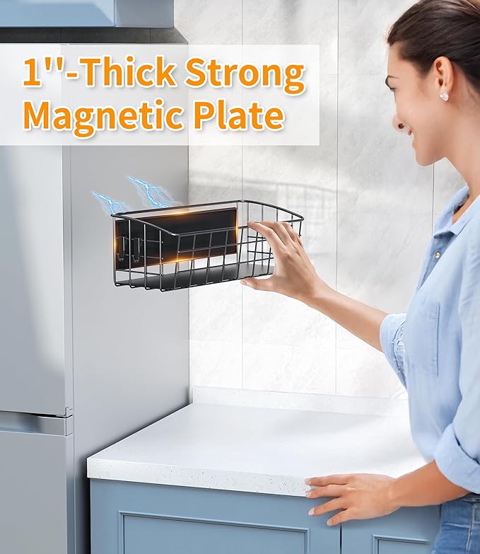 2Pcs Magnetic Shelf for Refrigerator, Versatile Magnetic Basket Fridge with 2 Hooks for Kitchen Storage, Fruit Potato Onion Storage Shelves, Large Magnetic Spice Rack Organizer for Fridge Oven Laundry