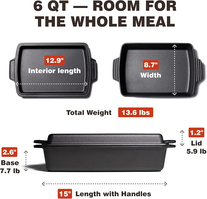 KUHA Square Cast Iron Dutch Oven 2-in-1 | Pre-Seasoned Cast Iron Cookware | Skillet Lid & Casserole Dish | For Baking, Roasting & Grilling | Chainmail Scrubber Included | 13" x 9", 6 QT
