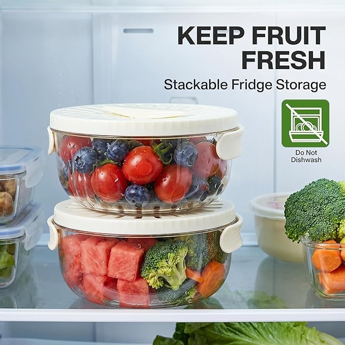 2Pcs Fruit Washing Bowl With Strainer&Lid,(2.85+1QT)2 in 1 Collapsible Handle Draining Basket,Multipurpose Drain Basket Kitchen Draining and Fridge Fruit Strainer,Suitable For Washing Berry Vegetables