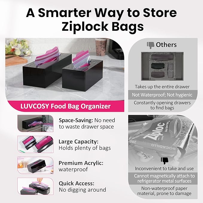 LUVCOSY Acrylic Food Bag Storage Organizer Magnetic Fridge Attachment Compatible with Ziploc Sandwich/Snack/Grip'n Seal Quart/1 Gallon, Dispenser for Ziploc Bags, Kitchen Organization, 2 Packs