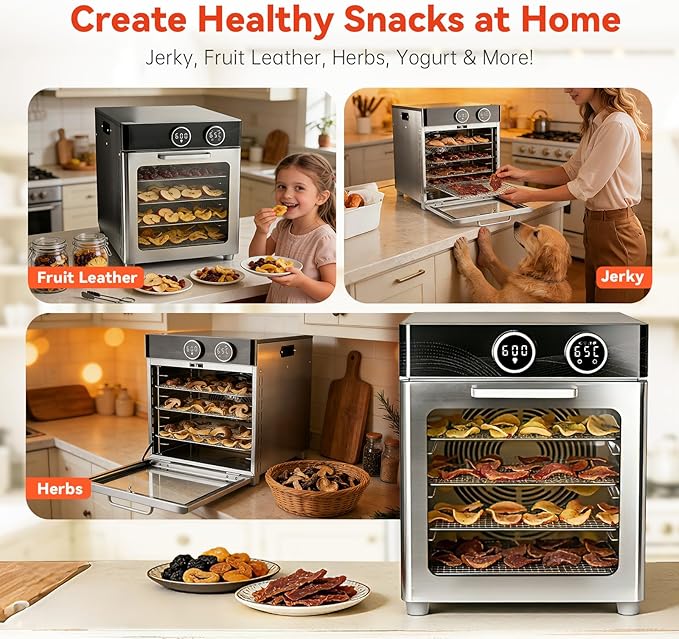 Food Dehydrator Machine, 8 Stainless Steel Trays, 7.24 Sq Ft Large Capacity Food Dehydrator, Precise Temperature Control & Timer, View Window, Dryer for Jerky, Herb, Fruits, Pet Treats