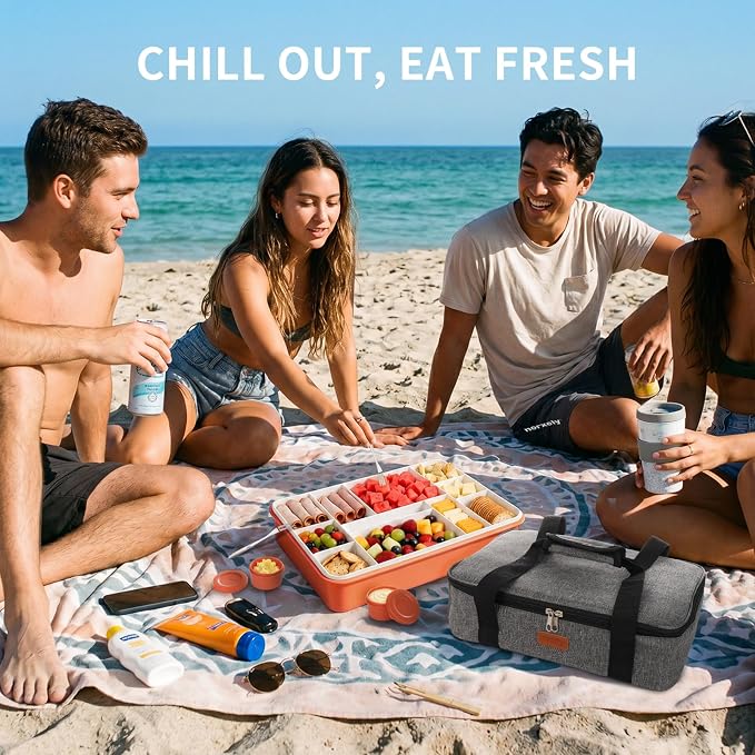 Snackle Box Container with Ice Pack, Reinforced Latches & Large Capacity, Travel Snack Box, Charcuterie Board with Lid, Divided Veggie Tray for Road Trips Picnic Boat Beach Red