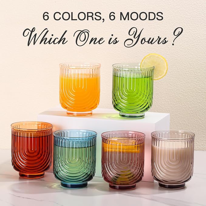 JOVGANK Colored Vintage Drinking Glasses Set of 6-14Oz Colorful Drinking Glasses, Art Deco Ripple Highball Glass, Whiskey Cocktail Glasses, for Bar Coffee Juice, Housewarming Gift